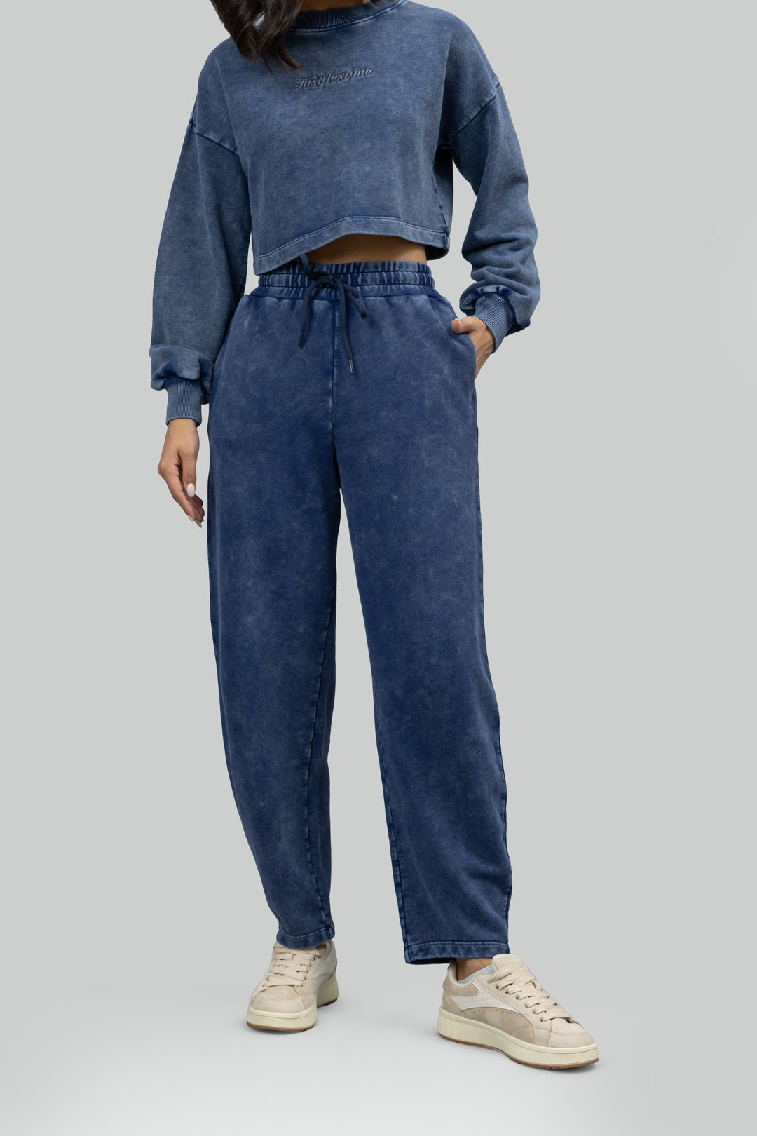 Navy Denim Wash Terry Barrel Pants