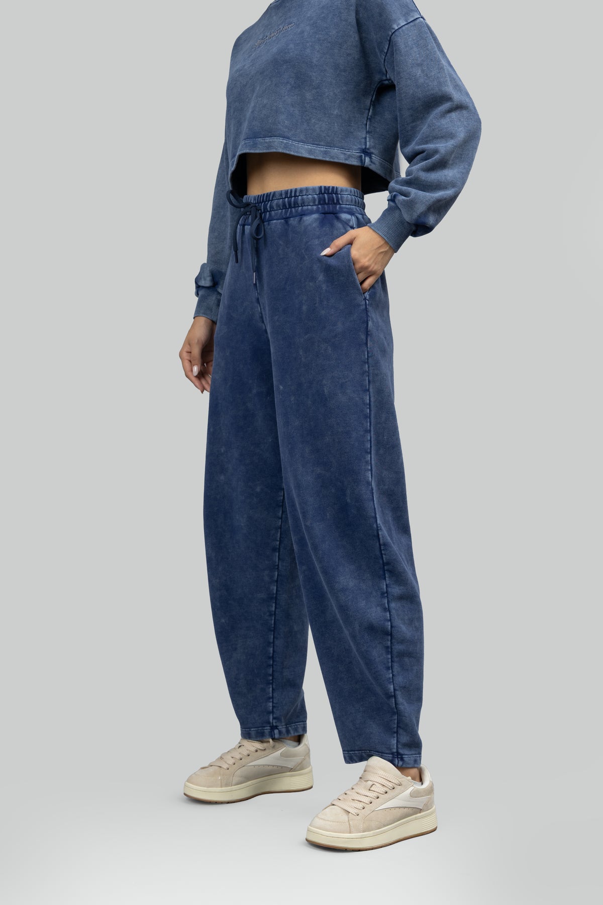 Navy Denim Wash Terry Barrel Pants