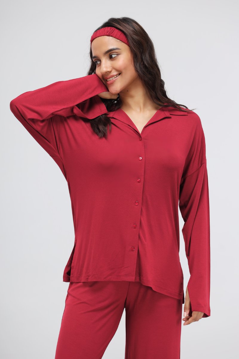 Romantic red button down shirt for stylish, casual looks.