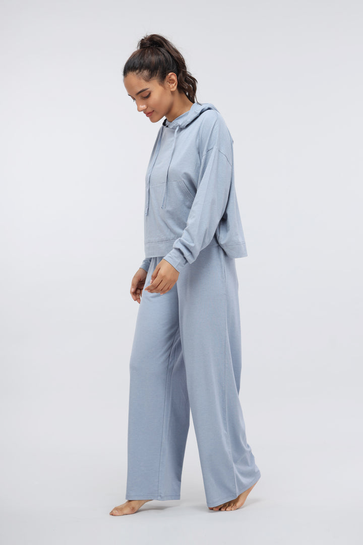Limited Edition Luxflo Hoodie Set in light blue on model.