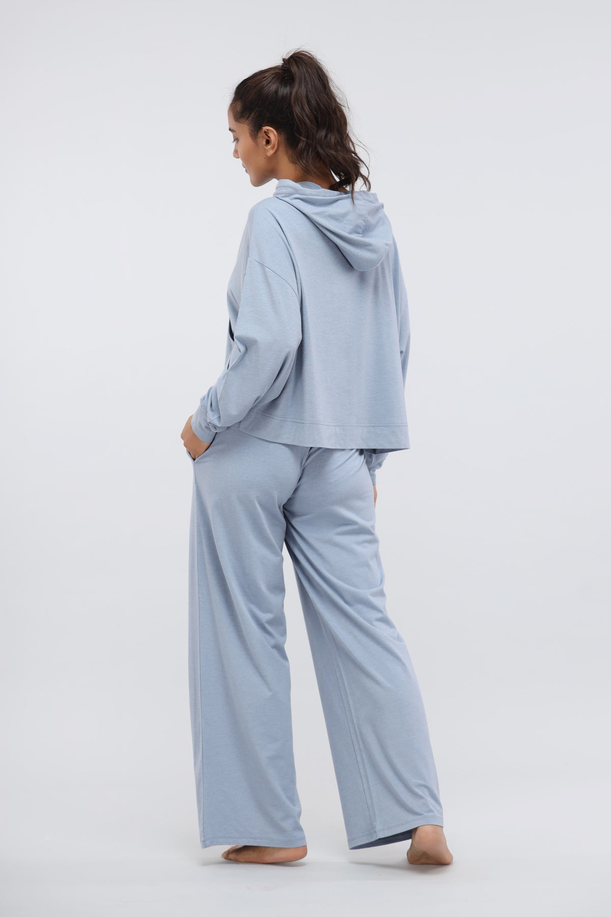 Limited Edition Dusty Blue Luxflo Hoodie Set from behind.