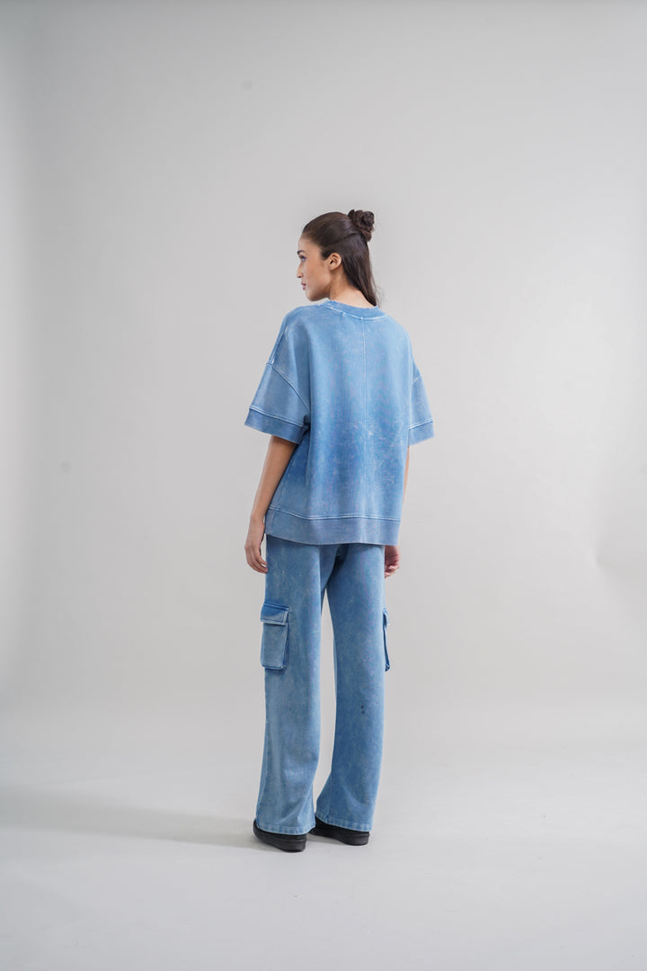 Denim wash 100% cotton terry sweatshirt and matching pants outfit.