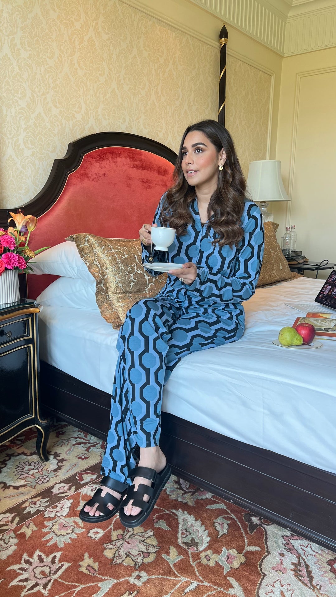 Midnight Blue Geometric Heart Pajama Set with full sleeve shirt and tea.