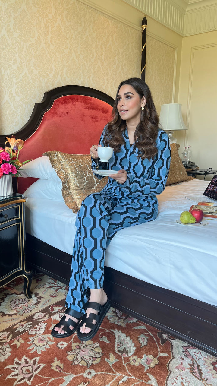 Midnight Blue Geometric Heart Pajama Set with full sleeve shirt and tea.