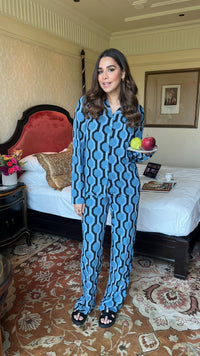 Midnight blue geometric heart pajama set with full sleeve shirt.