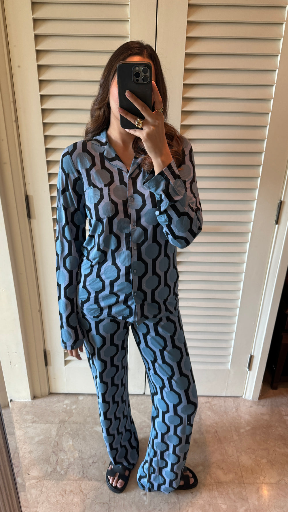 Midnight Blue Geometric Heart Pajama Set With Full Sleeve Shirt
