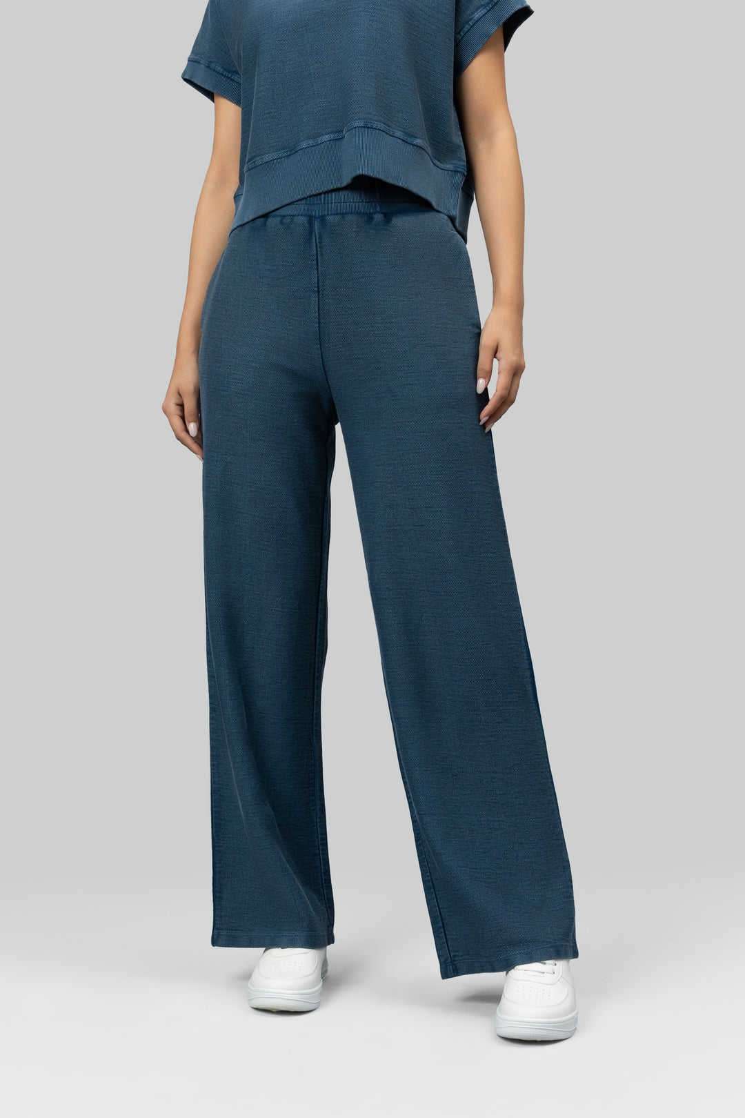Blue Wide-Leg Terry Travel Pants