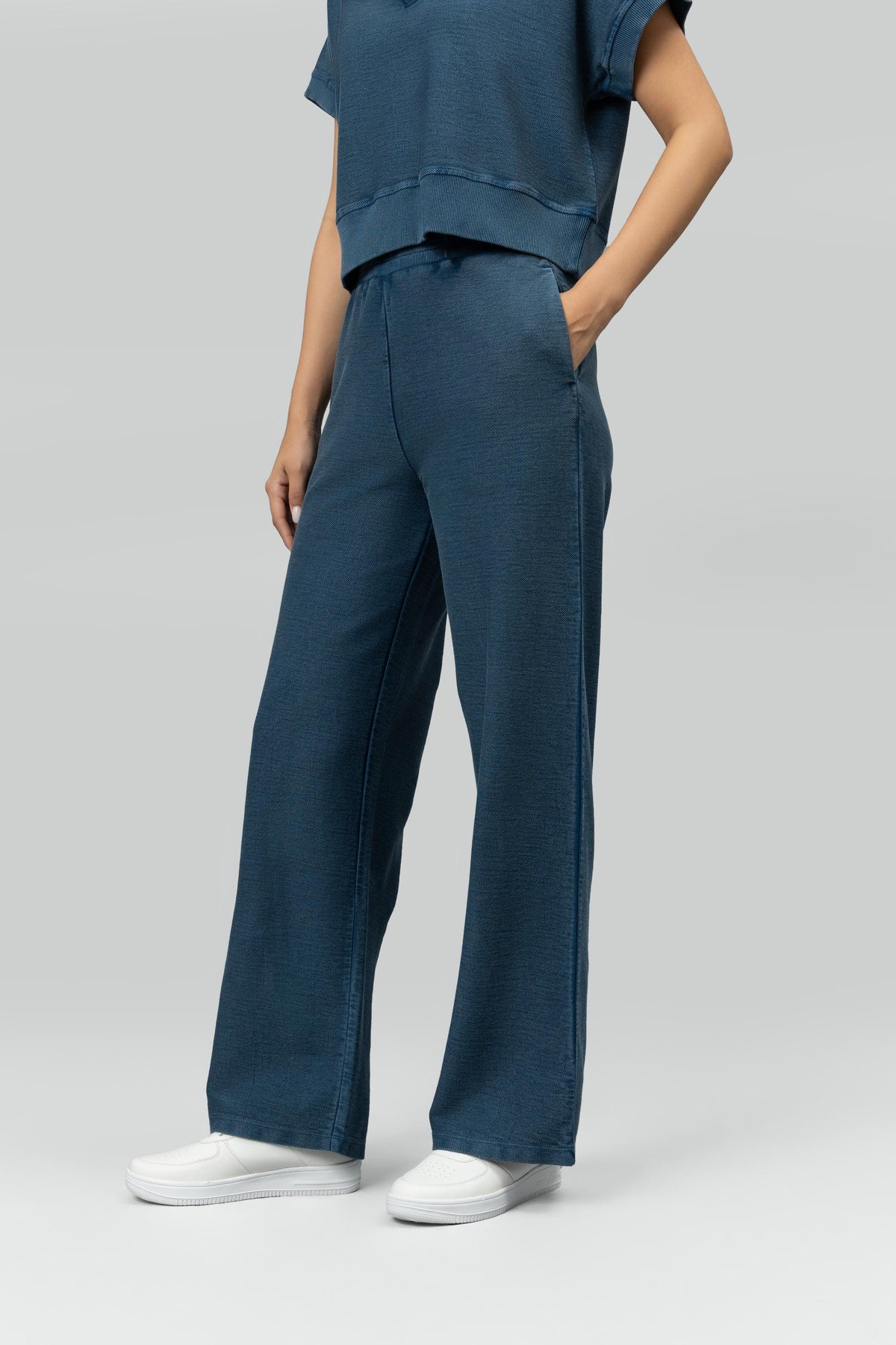 Blue Wide-Leg Terry Travel Pants