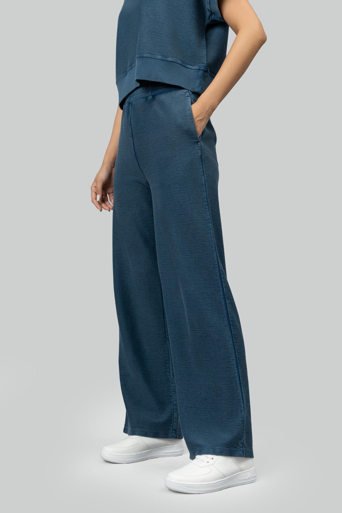 Blue Wide-Leg Terry Travel Pants
