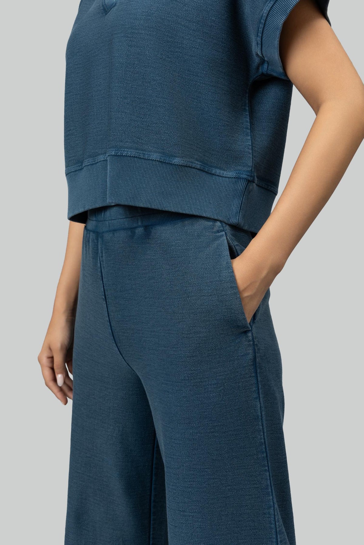 Blue Wide-Leg Terry Travel Pants