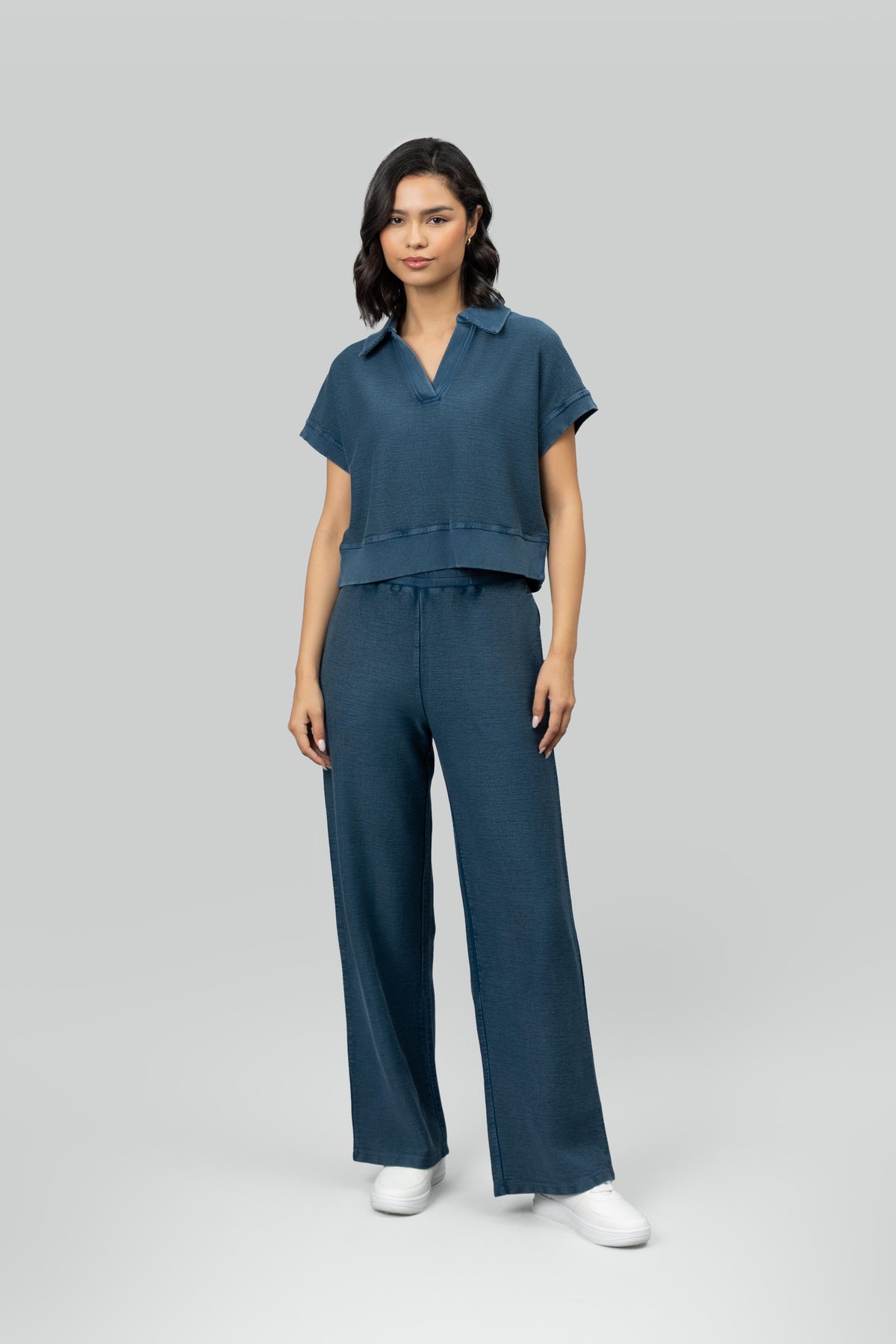 Blue Wide-Leg Terry Travel Pants