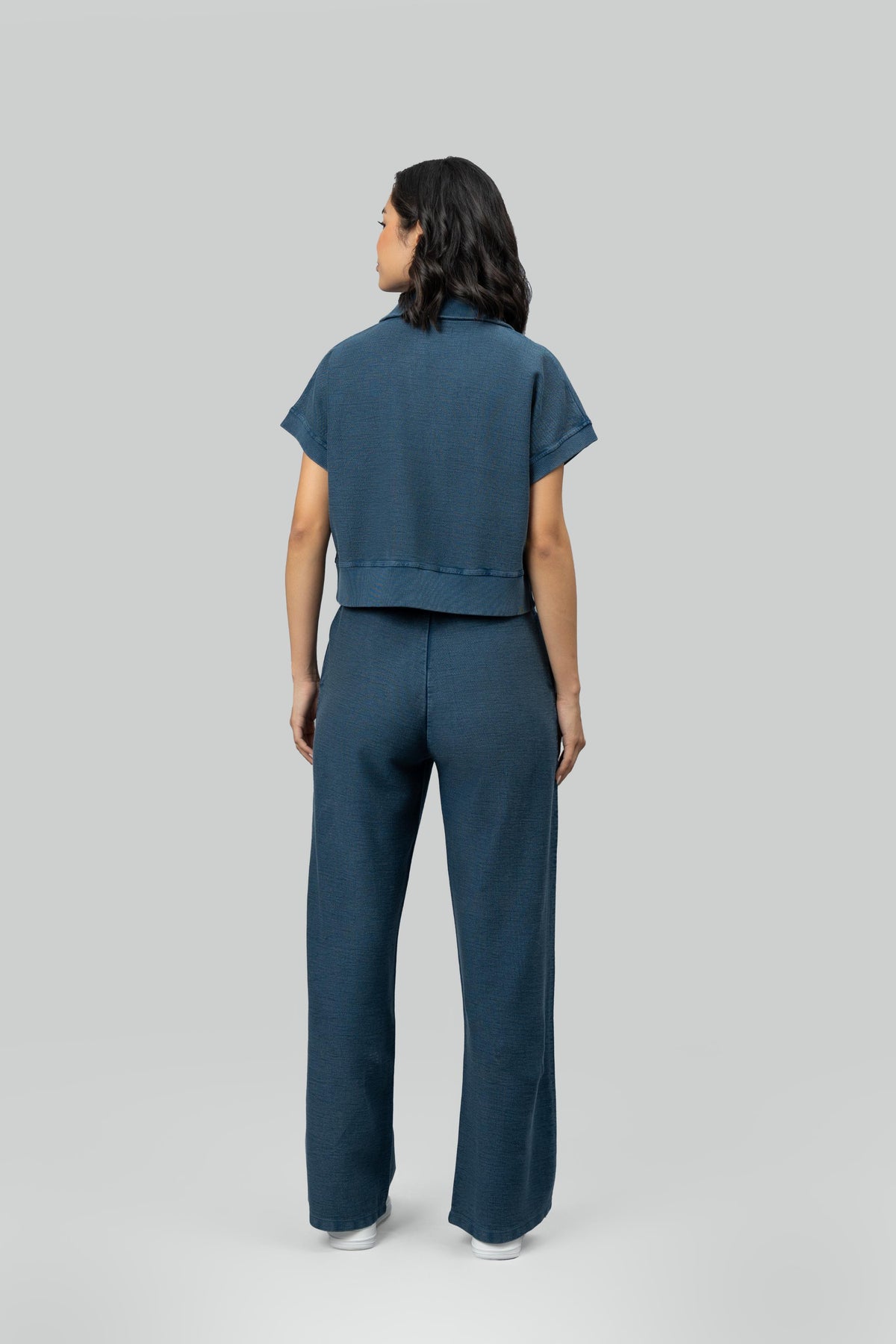 Blue Wide-Leg Terry Travel Pants