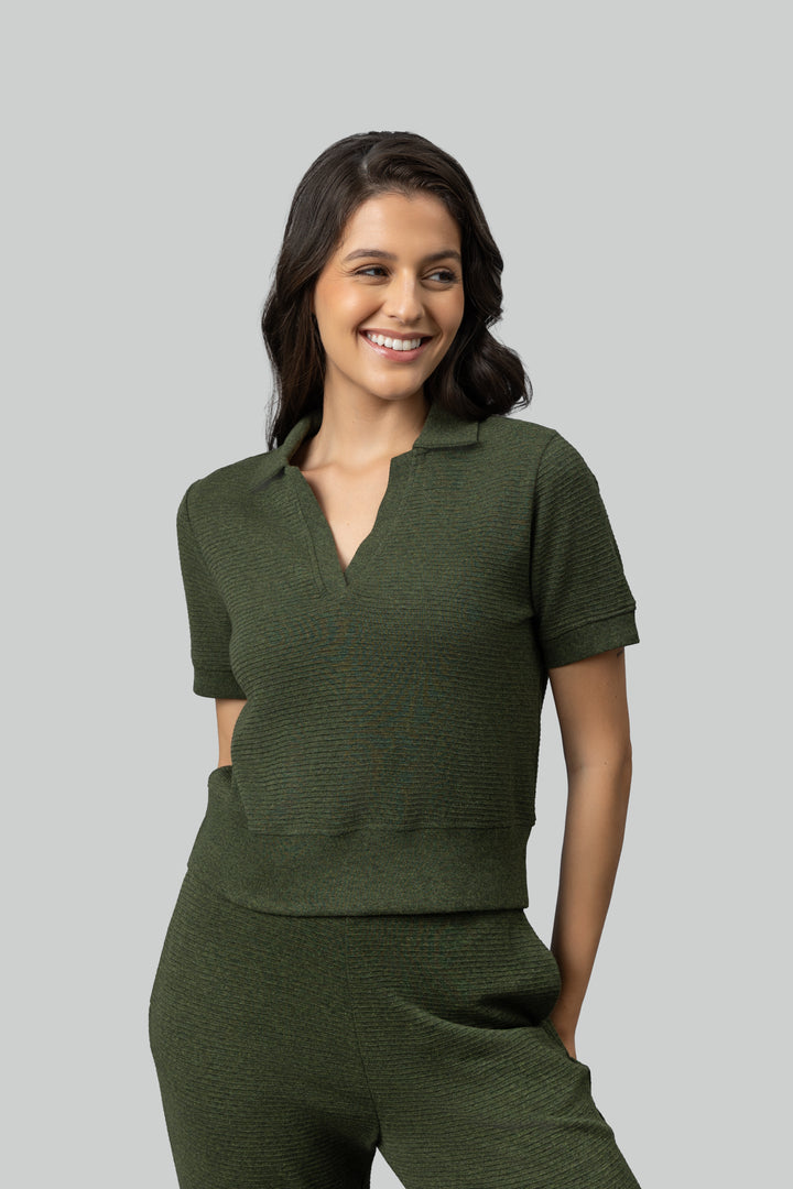 Olive Ottoman Rib Polo Top