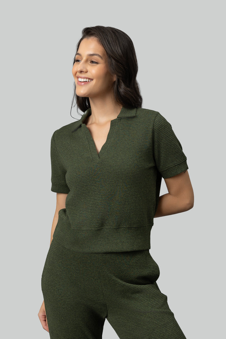 Olive Ottoman Rib Polo Top