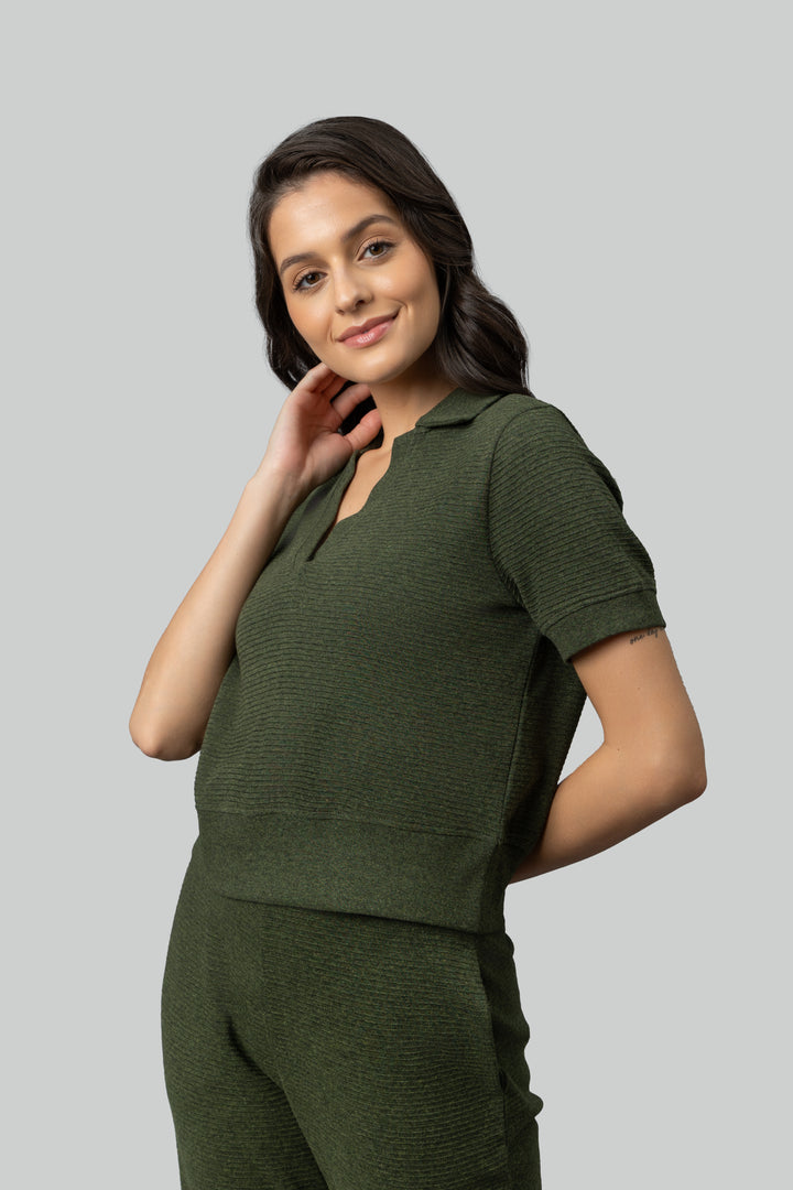 Olive Ottoman Rib Polo Top