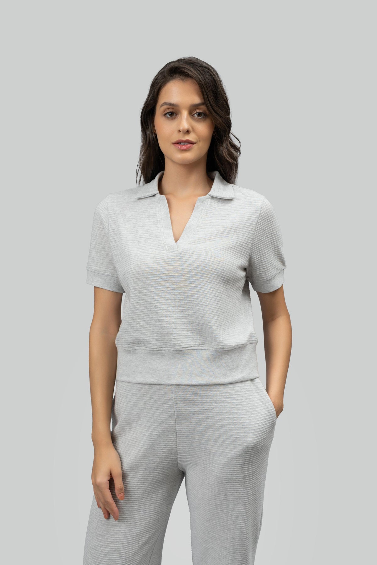 Grey Ottoman Rib Polo Top