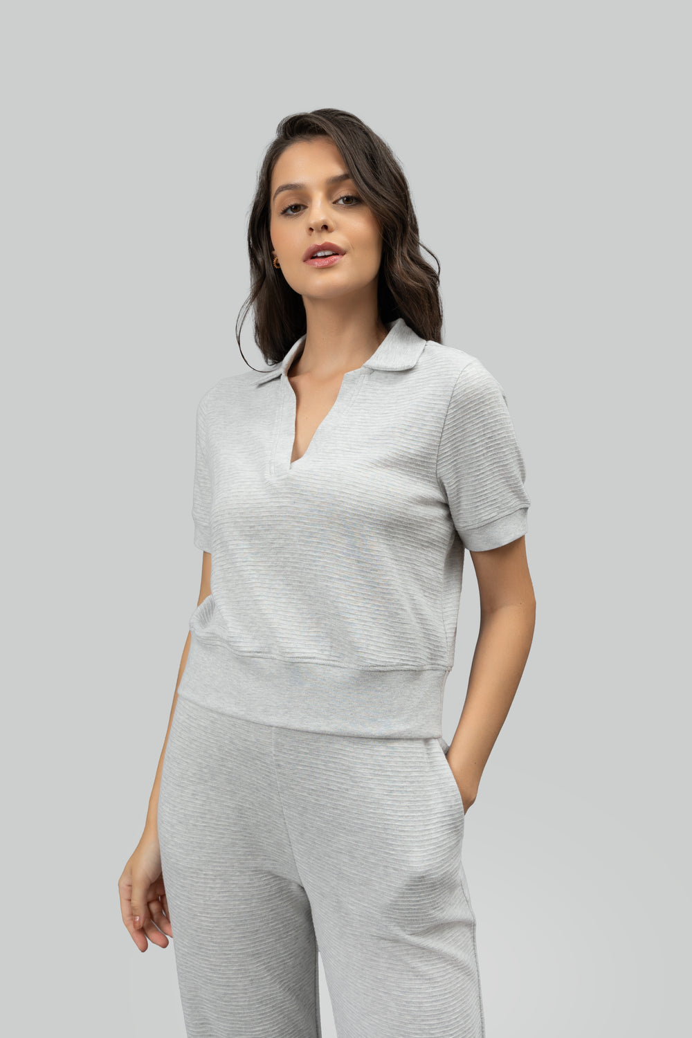 Grey Ottoman Rib Polo Top