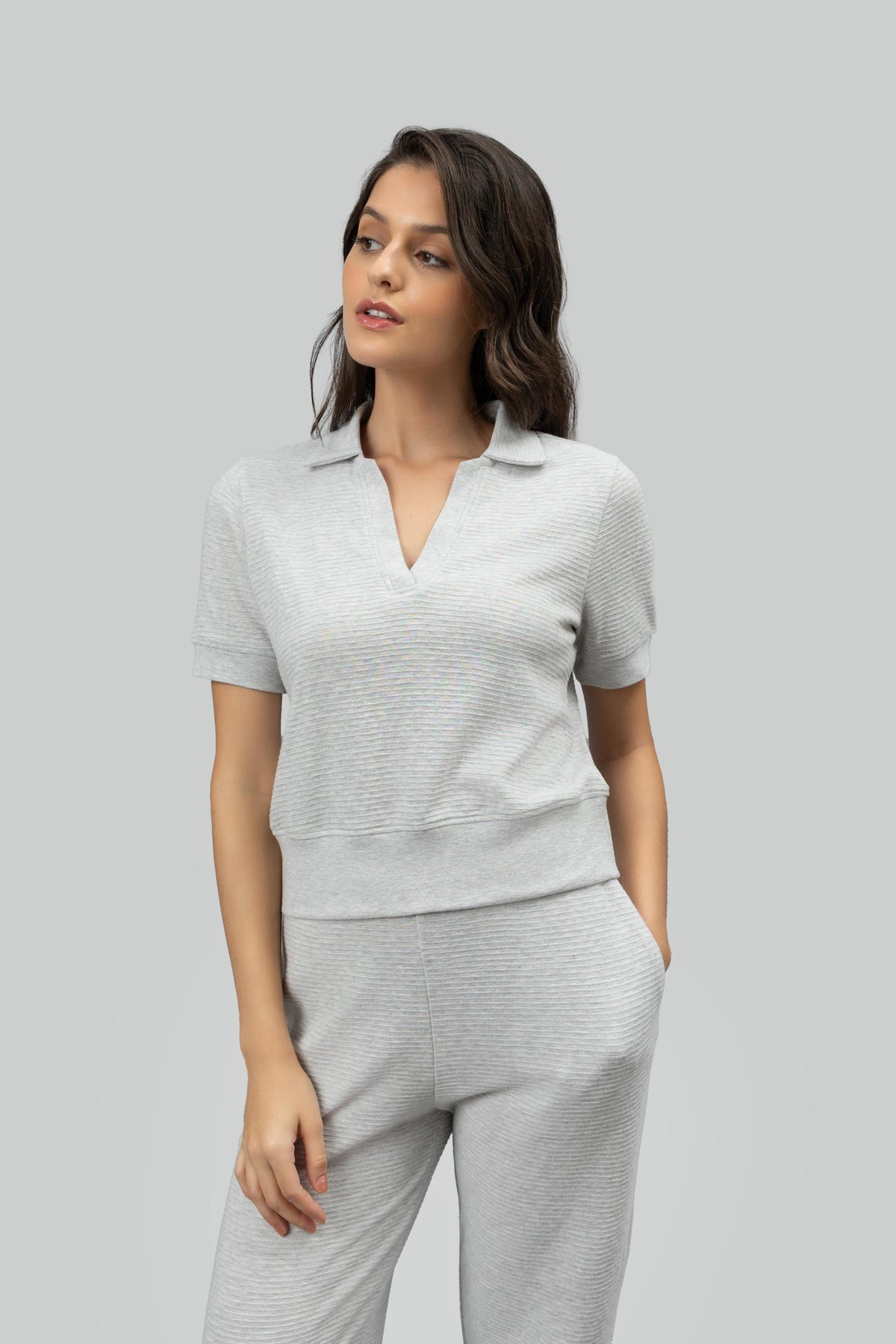 Grey Ottoman Rib Polo Top