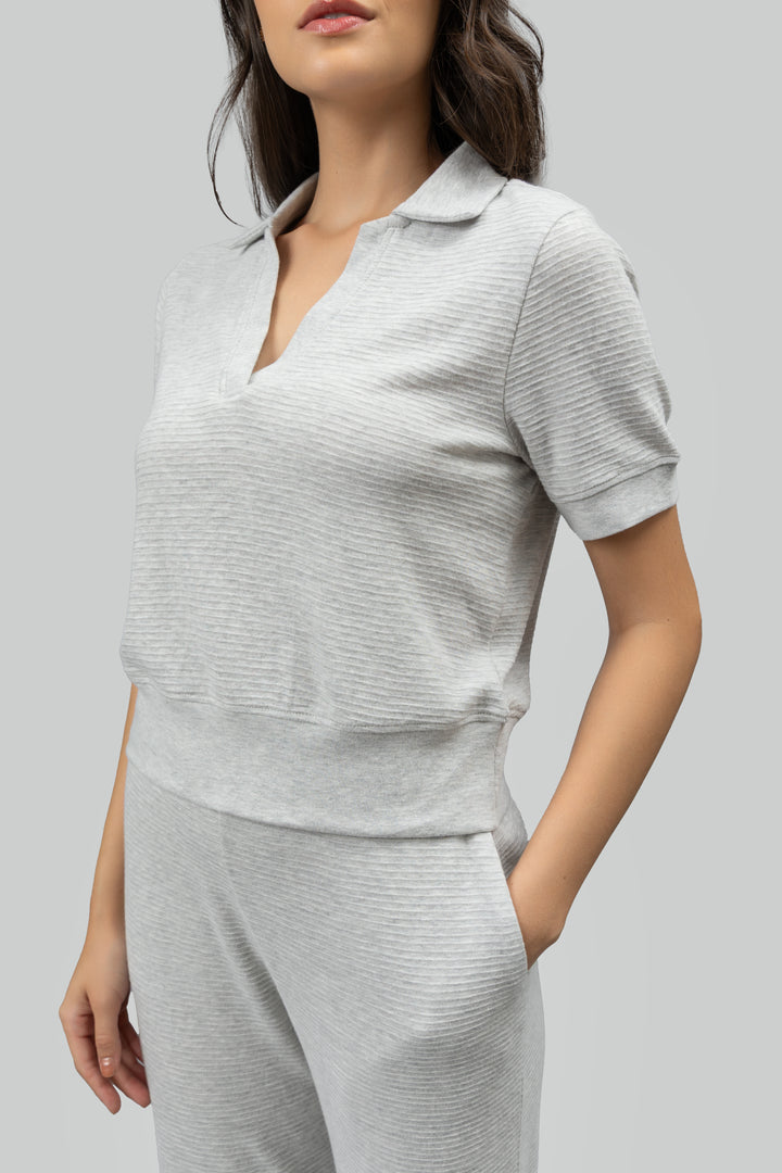 Grey Ottoman Rib Polo Top