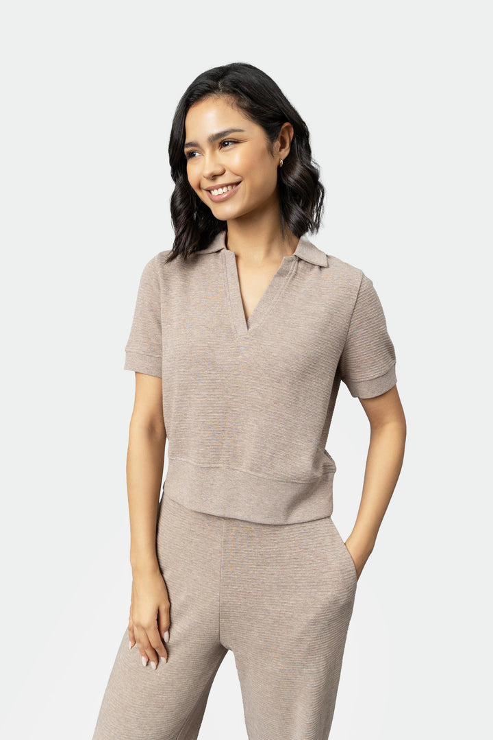 Beige Ottoman Rib Polo Top