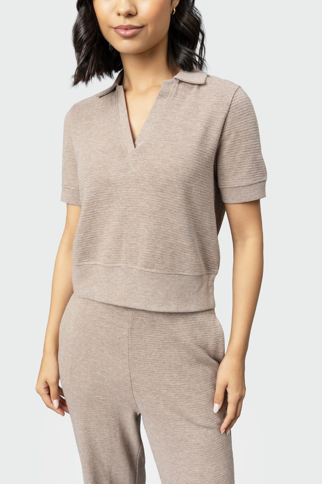 Beige Ottoman Rib Polo Top