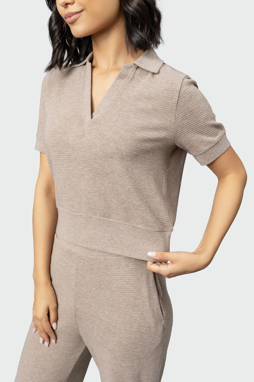 Beige Ottoman Rib Polo Top