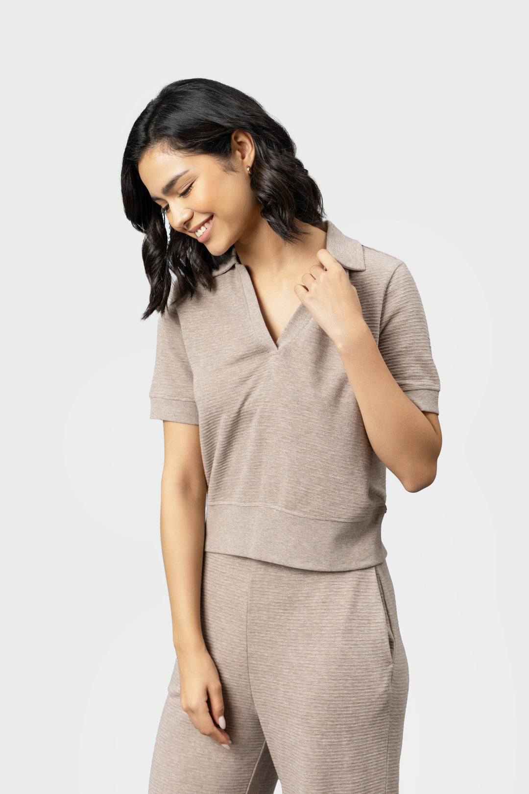 Beige Ottoman Rib Polo Top