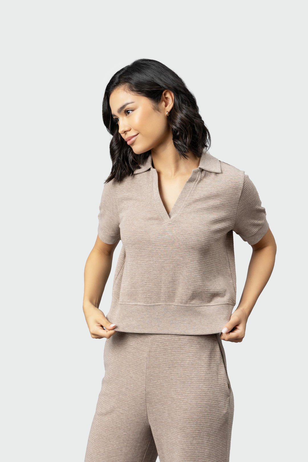 Beige Ottoman Rib Polo Top