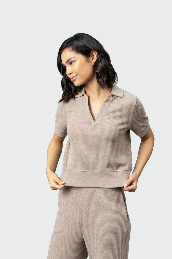 Beige Ottoman Rib Polo Top