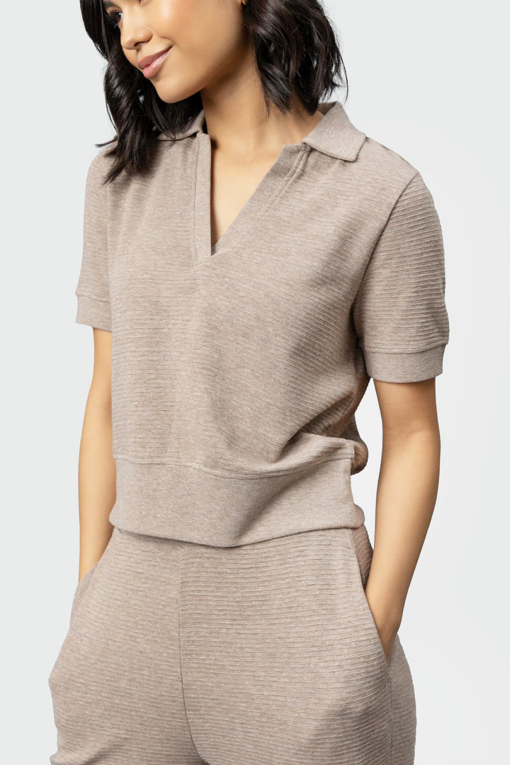 Beige Ottoman Rib Polo Top