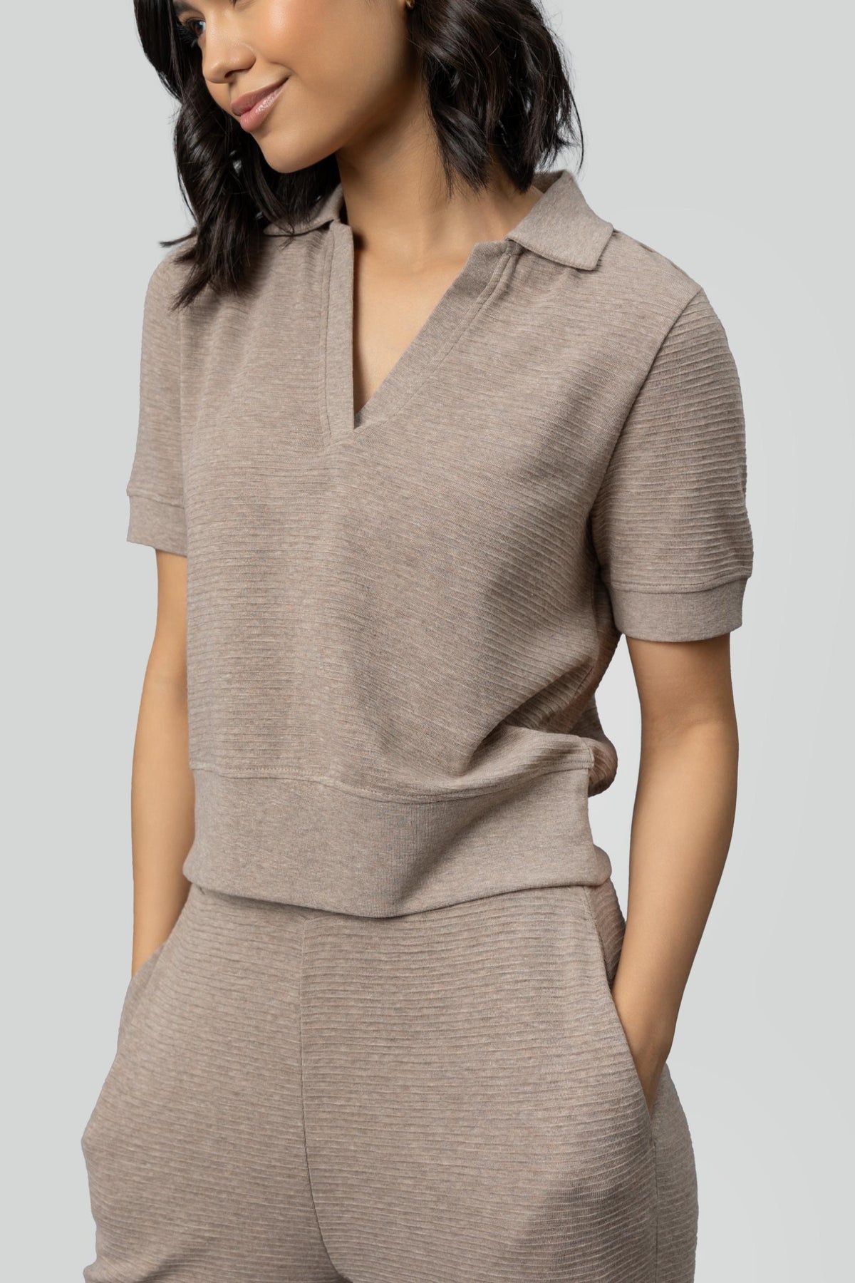 Beige Ottoman Rib Polo Top