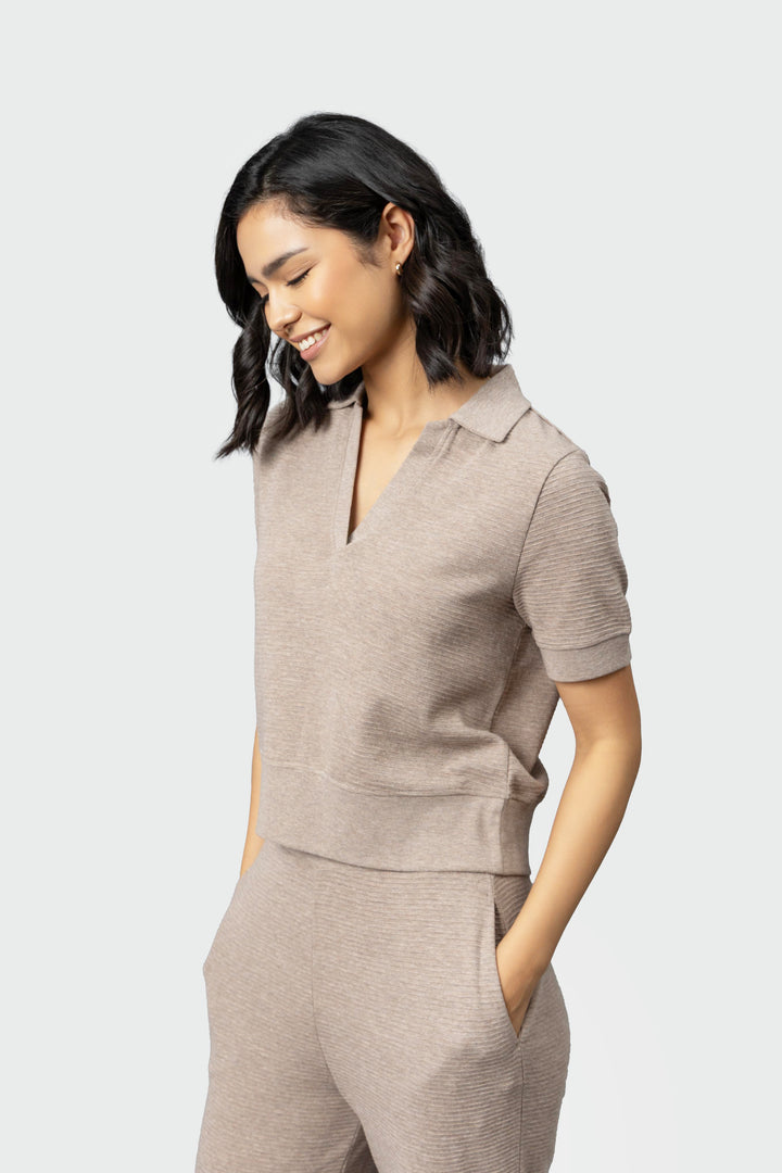 Beige Ottoman Rib Polo Top