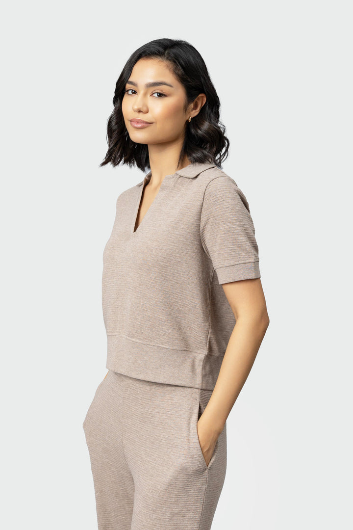 Beige Ottoman Rib Polo Top