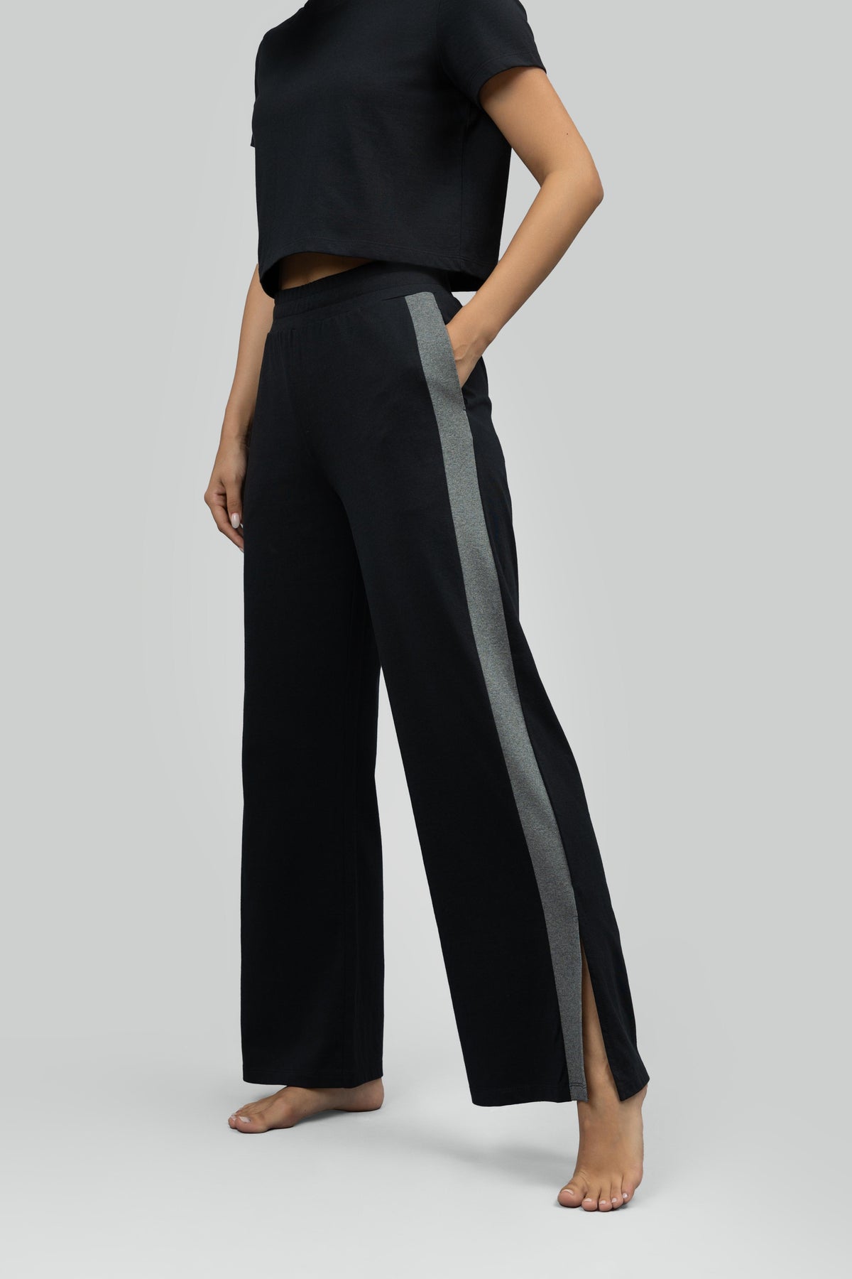 Black Soft Cotton Side Slit Flare Pants