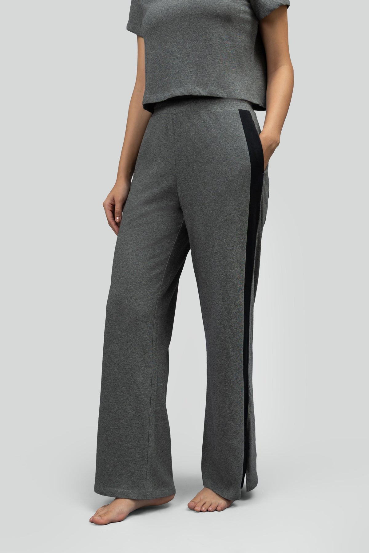 Grey Soft Cotton Side Slit Flare Pants
