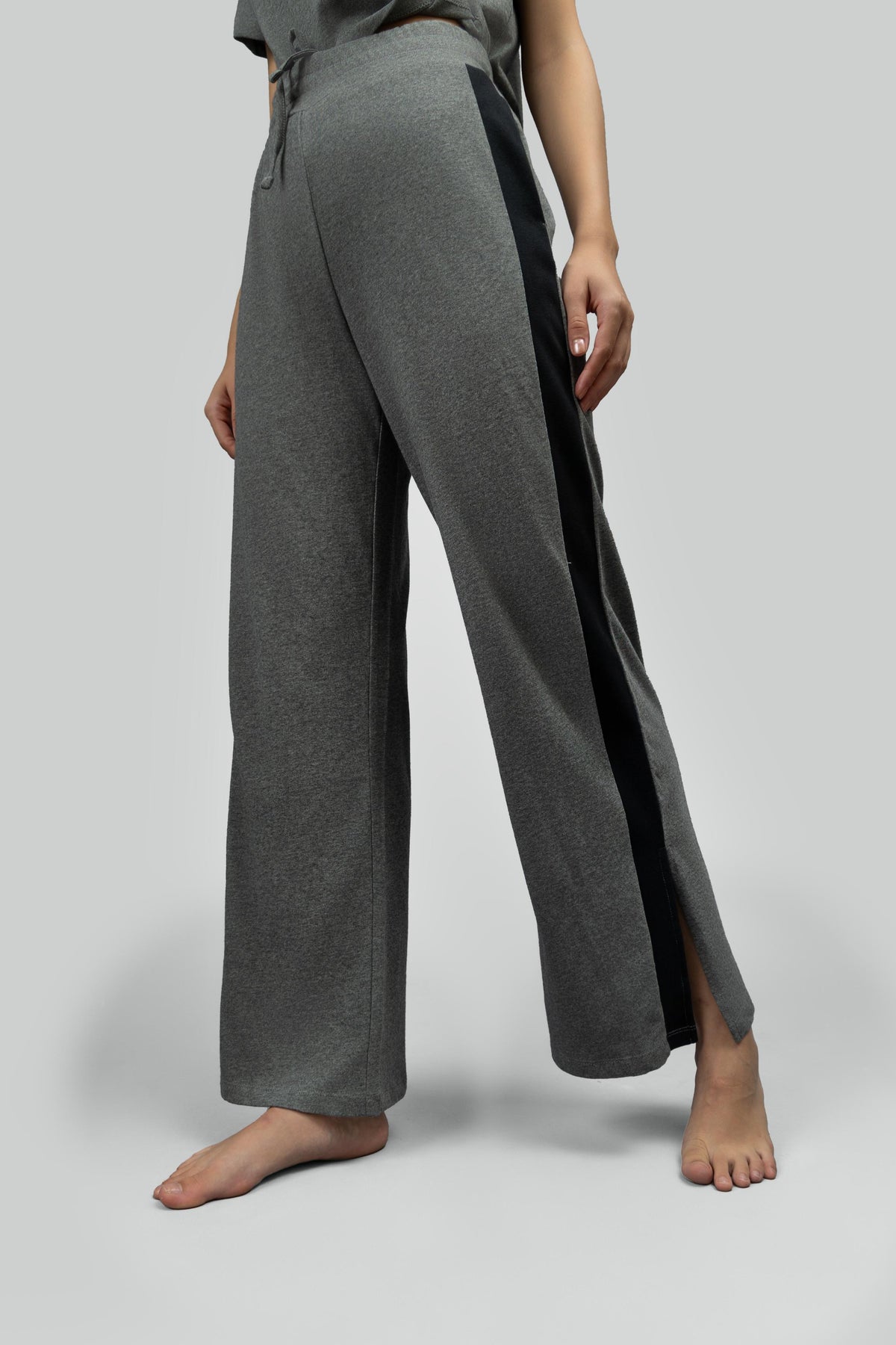 Grey Soft Cotton Side Slit Flare Pants