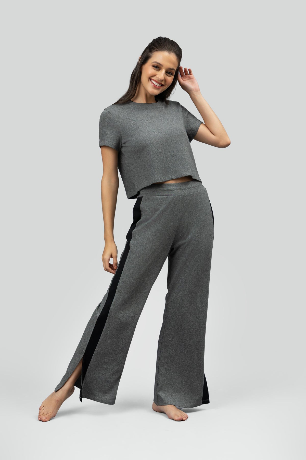 Grey Soft Cotton Side Slit Flare Pants