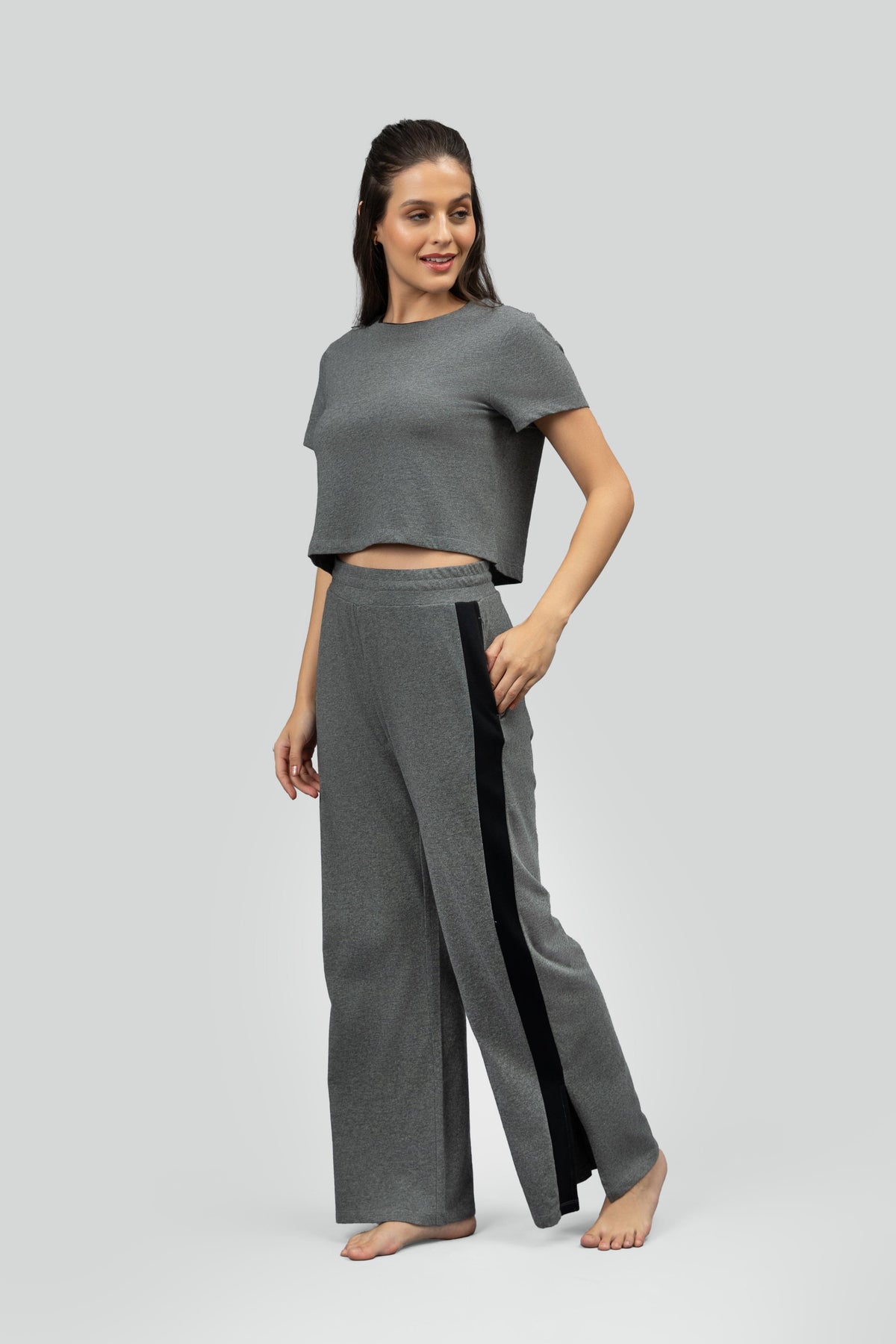 Grey Soft Cotton Side Slit Flare Pants