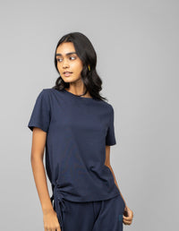Cotton side ruched navy t-shirt styled for casual wear.