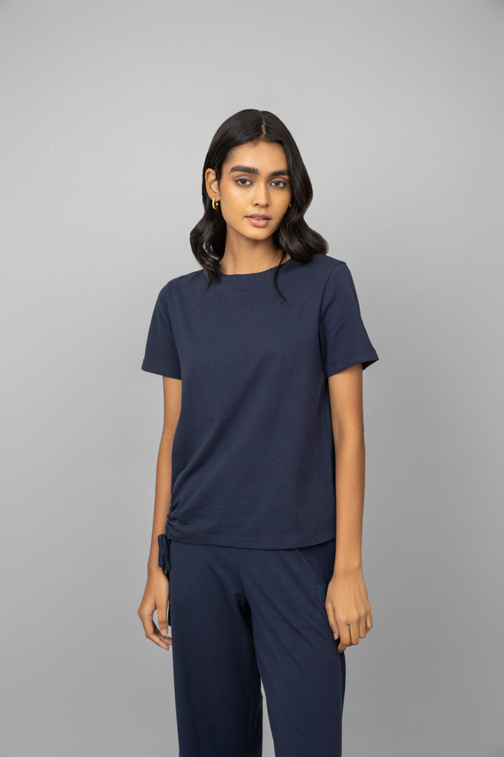 Navy Essential Flared Lounge Set modeled by a woman.