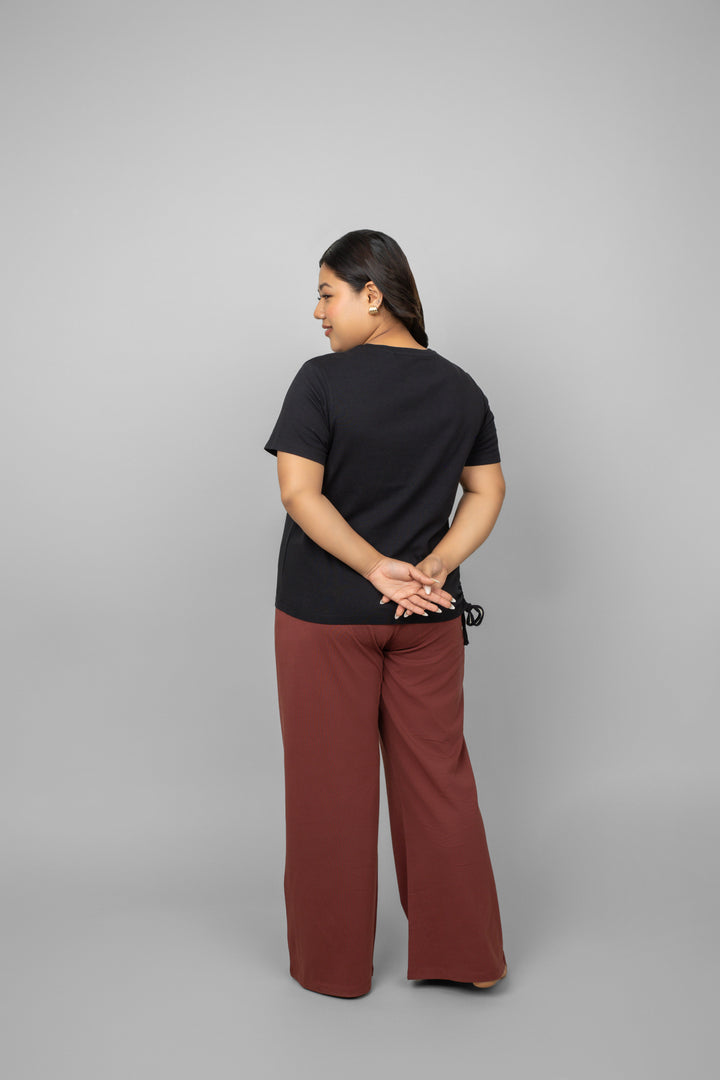Ruby Essential Flared Lounge Set: stylish black top and brown pants.