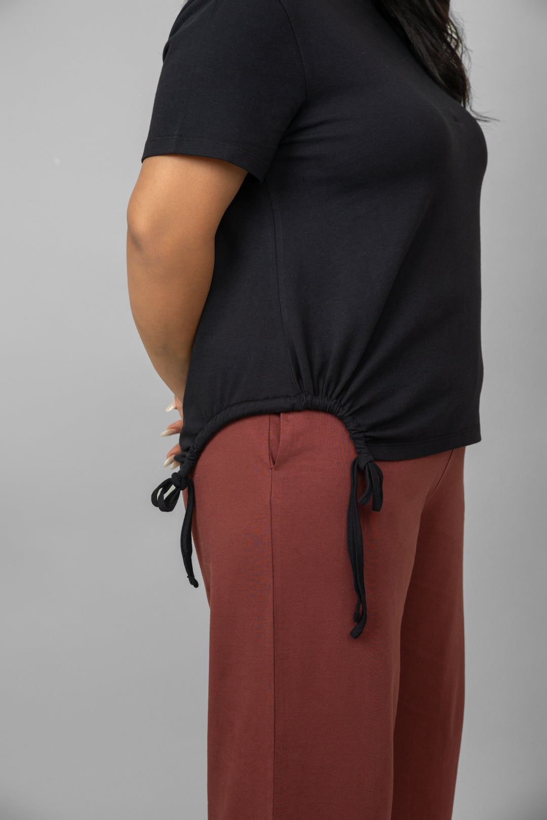Ruby Essential Flared Lounge Set featuring black top and burgundy pants.