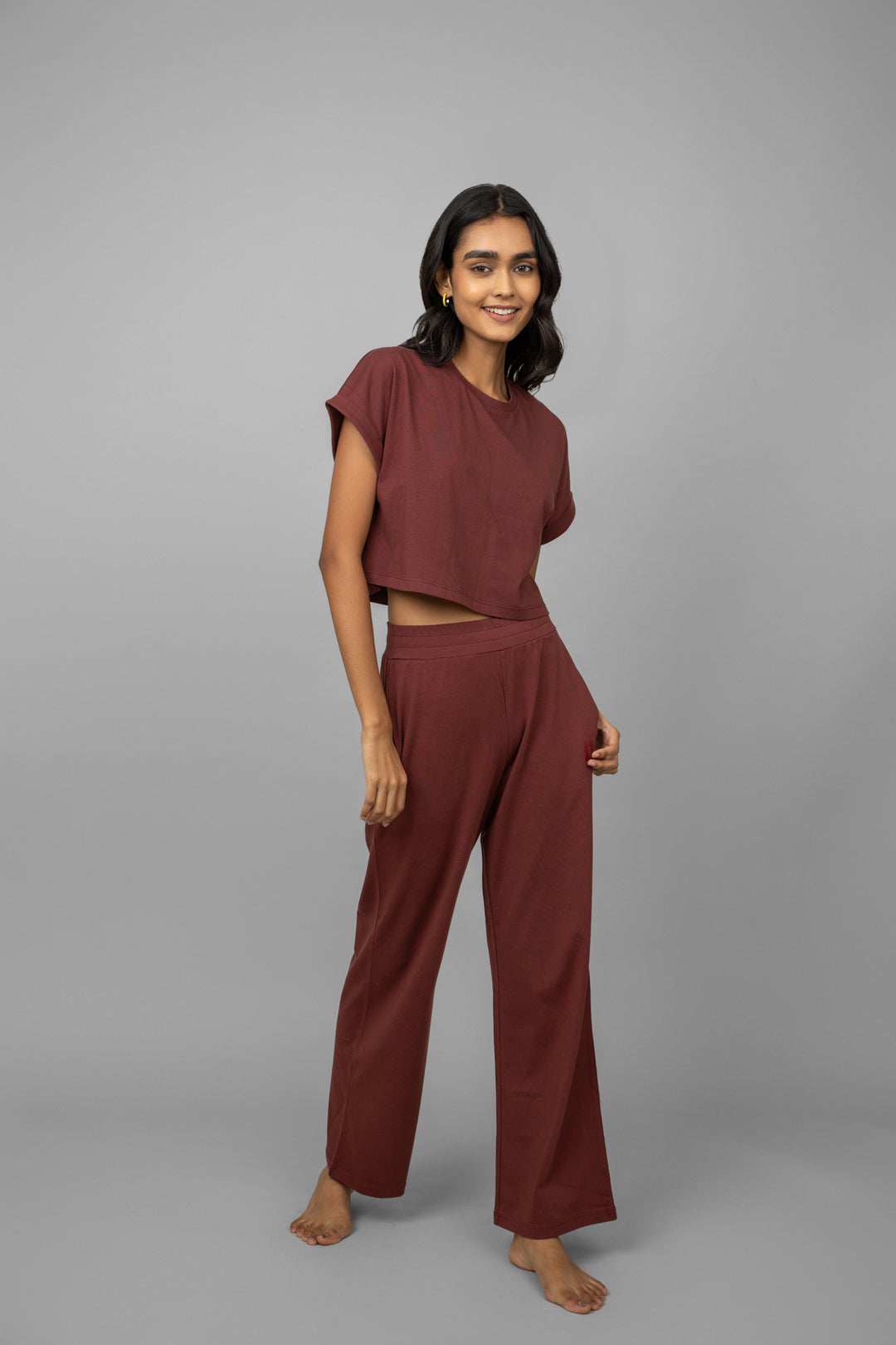 Ruby crop top outfit on a model, stylish and comfortable wear.