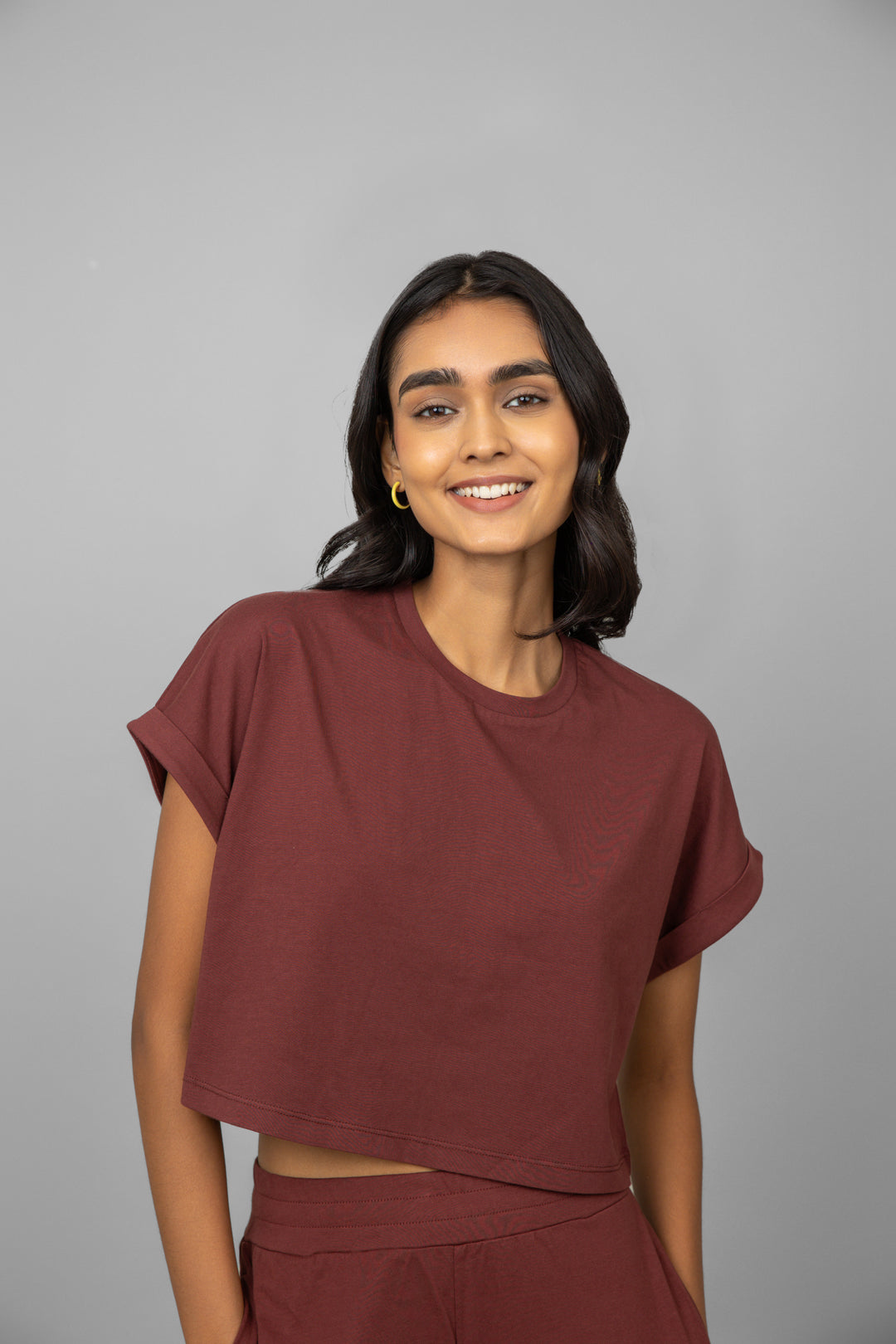 Ruby crop top model showcasing effortless style and versatility.