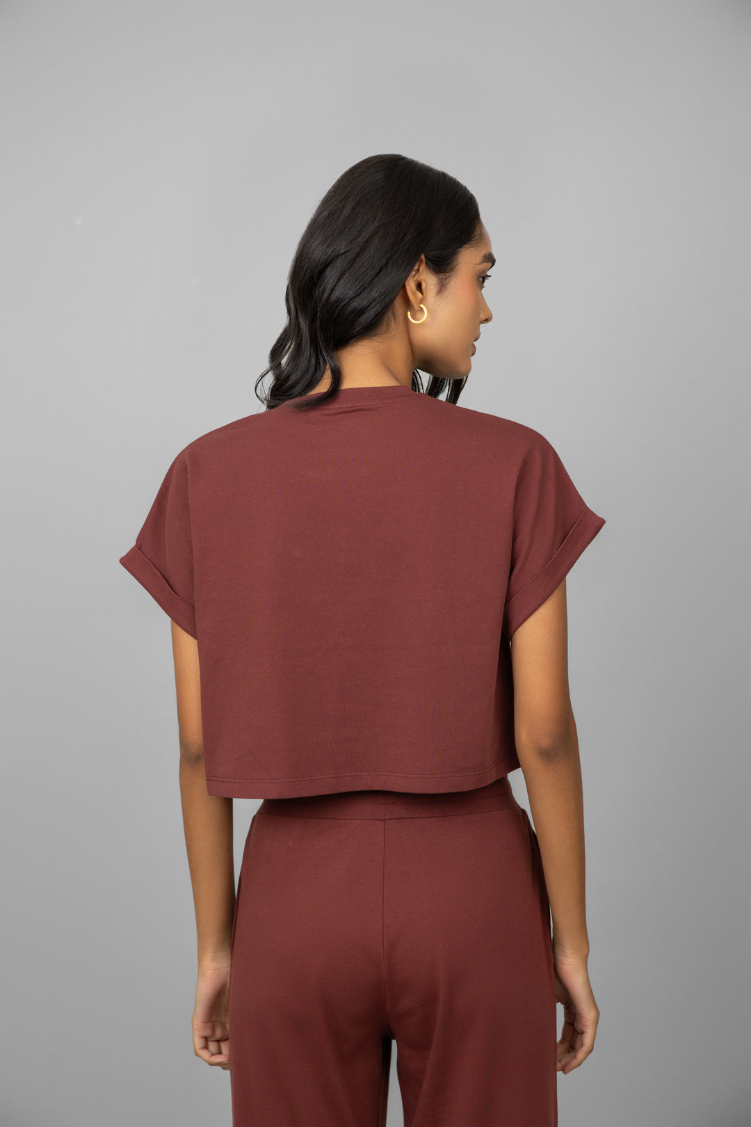 Back view of a model wearing the Ruby Crop Co-Ord Set.