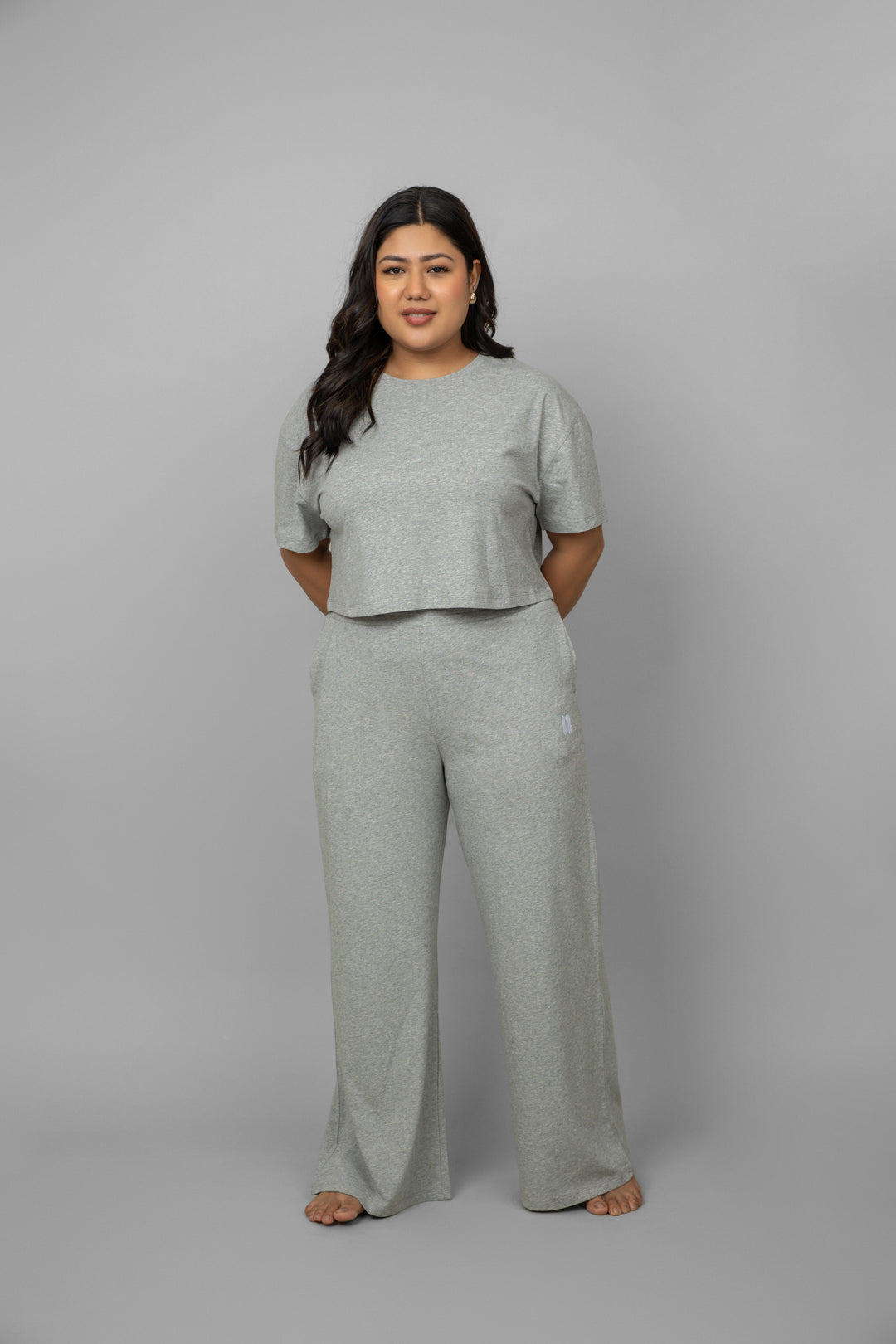 Grey Mélange Crop Top paired with matching wide-leg pants.