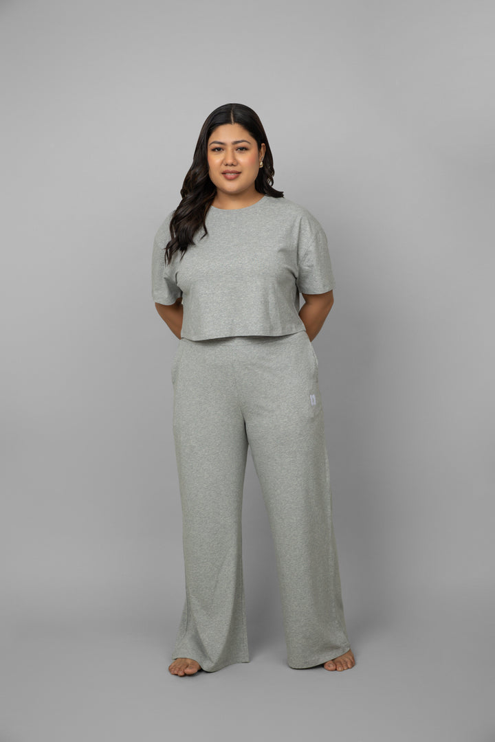 Grey melange cotton lycra crop co-ord set on model.