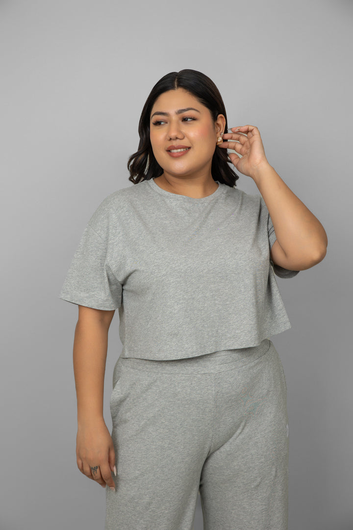 Grey melange cotton lycra crop co-ord set on model, stylish and comfortable.