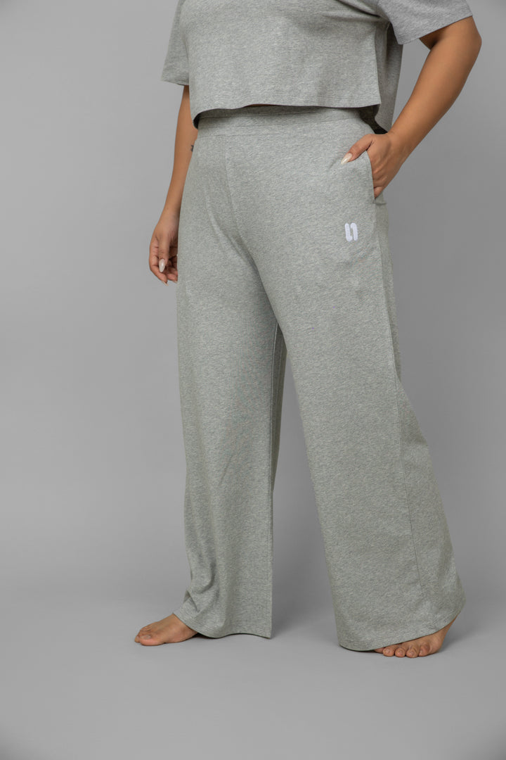 Grey melange cotton Lycra crop co-ord set displayed on model.