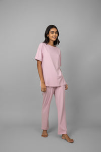 Blush pink cotton lycra side slit pajama set for women.